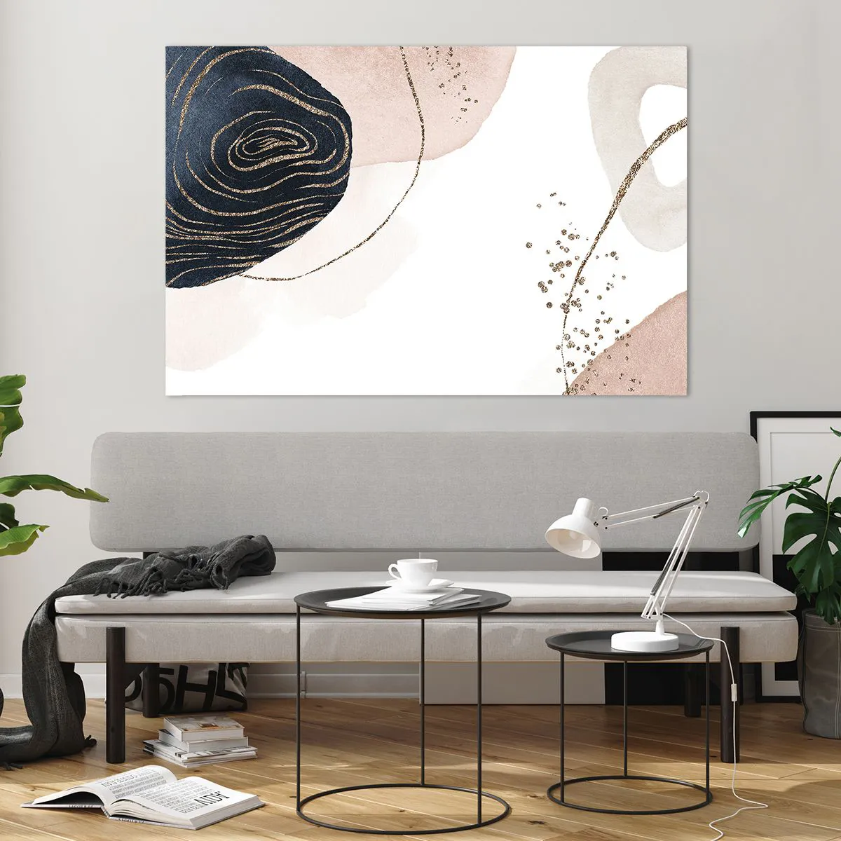 Glasbild - Bild auf glas - Abstrakte Formen mit goldenen Akzenten - 120x80cm - Alles fließt - Moderne Wanddekoration für Wohnzimmer und Schlafzimmer ARTTOR