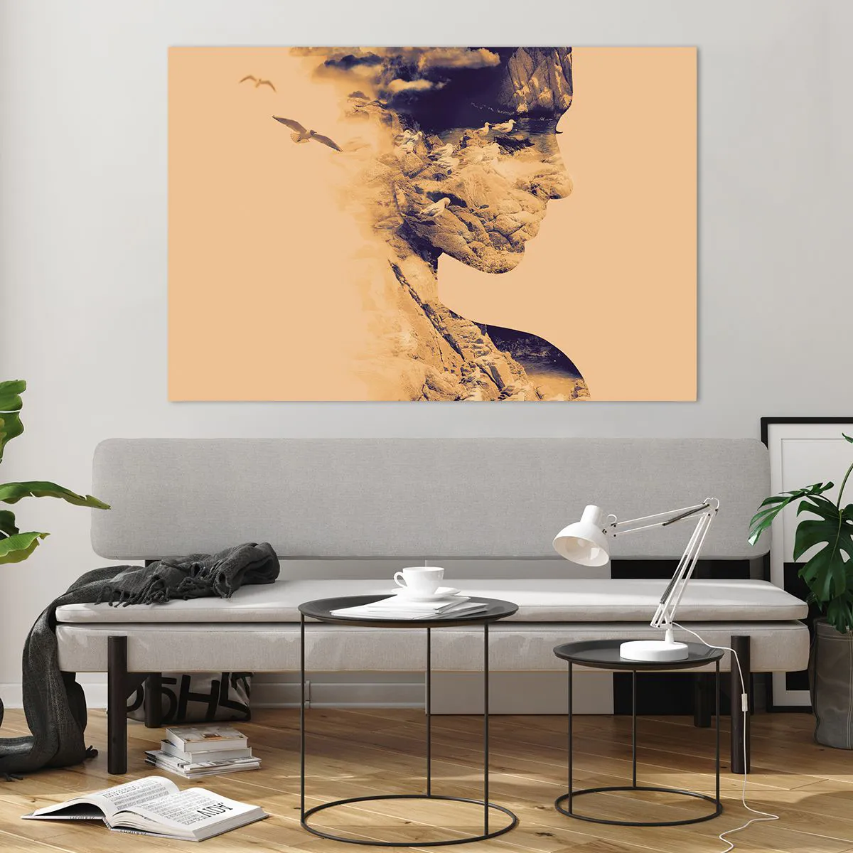 Impression sur verre - Image sur verre - Silhouette d'une femme avec un motif de paysage et d'oiseaux - 120x80cm - Beauté de la nature - Décoration murale moderne pour le salon et la chambre ARTTOR