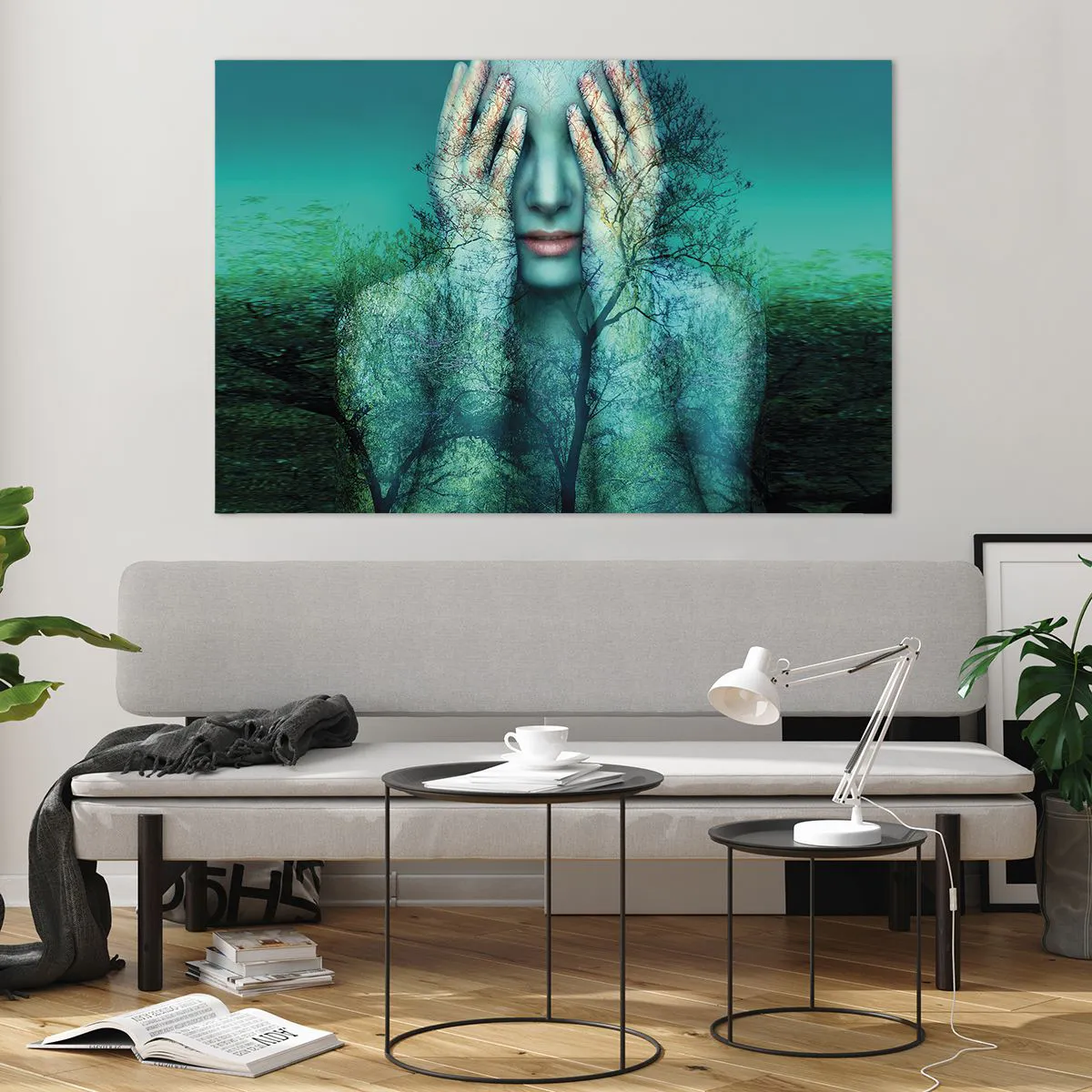 Cuadro sobre vidrio - Impresiones sobre Vidrio - Un rostro de mujer con un motivo de árbol en un entorno surrealista. - 120x80cm - Sumergida en azul - Decoración de pared moderna para salón y dormitorio ARTTOR