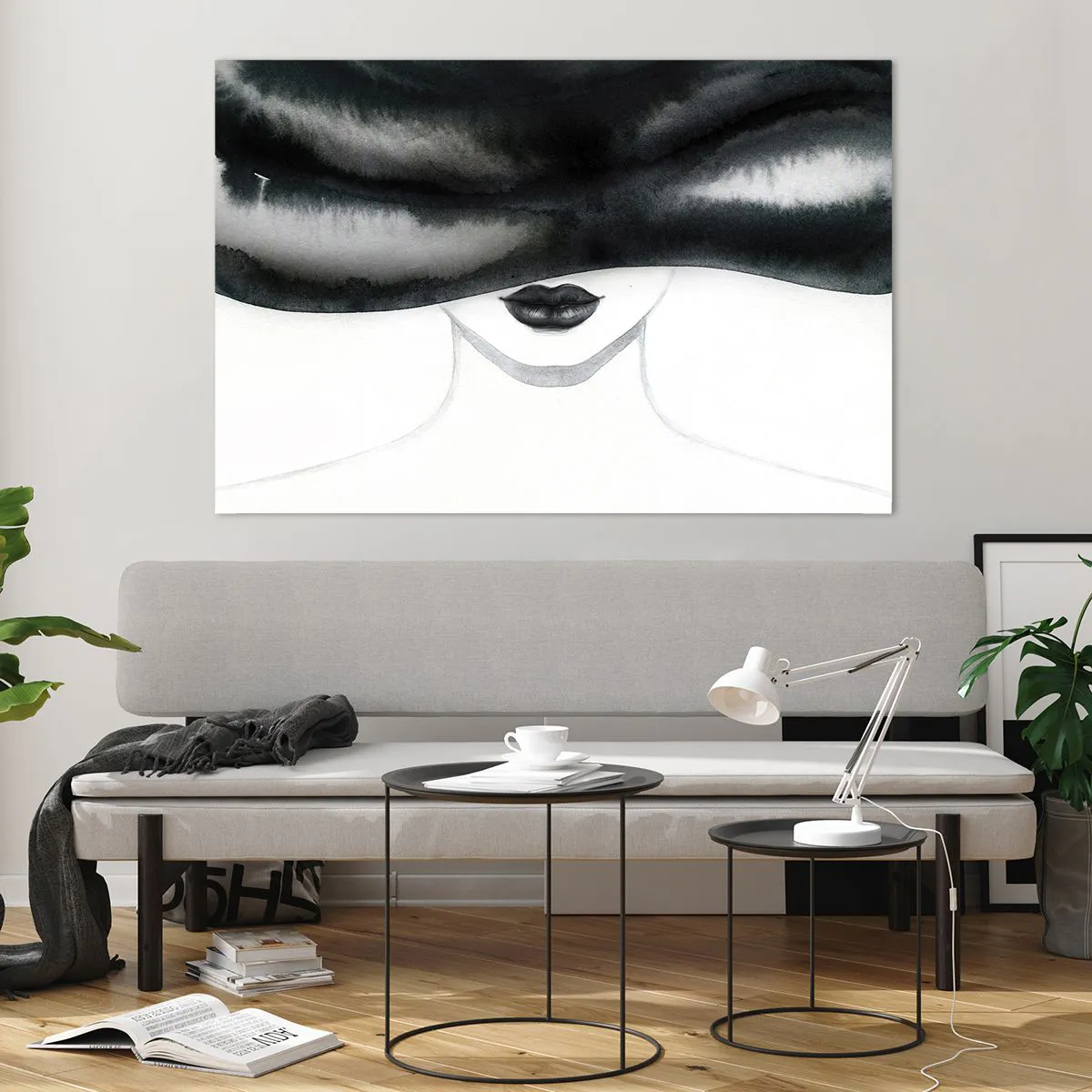 Glasbild - Bild auf glas - Geheimnisvolles Gesicht mit verdeckten Augen in Schwarz-Weiß-Aquarell - 120x80cm - Ein sinnliches Geheimnis - Moderne Wanddekoration für Wohnzimmer und Schlafzimmer ARTTOR