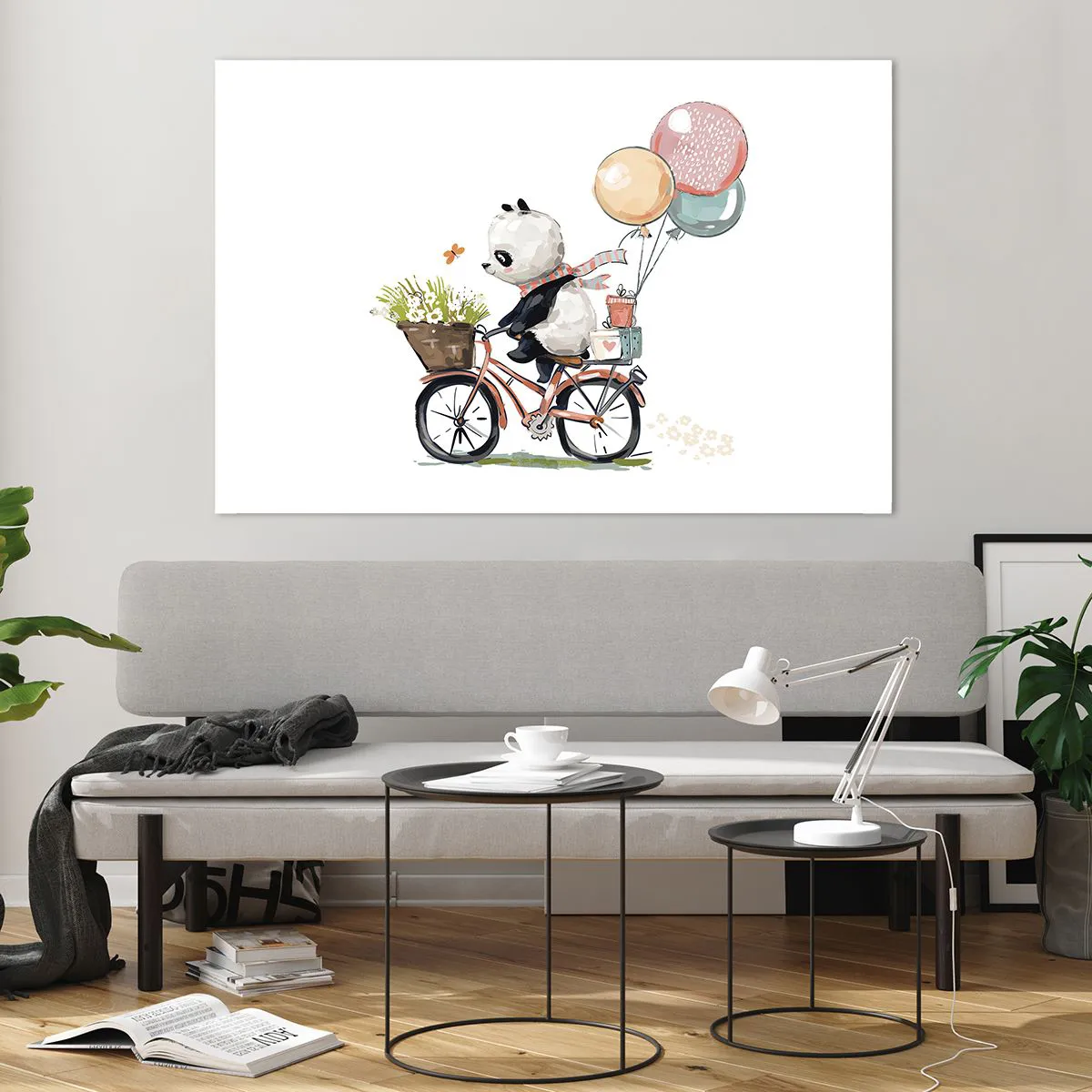 Glasbild - Bild auf glas - Ein Panda auf einem Fahrrad mit Luftballons und einem Blumenkorb. - 120x80cm - Glücklicher Tag - Moderne Wanddekoration für Wohnzimmer und Schlafzimmer ARTTOR