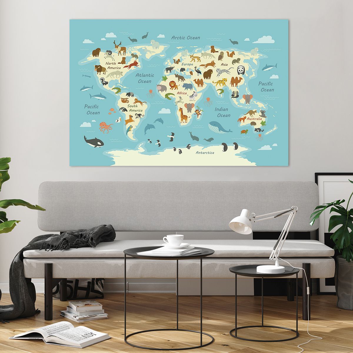 Bild på glas Världskarta, Bild på glas Karta Med Djur, Bild på glas Djur, Bild på glas Natur, Bild på glas För Barn