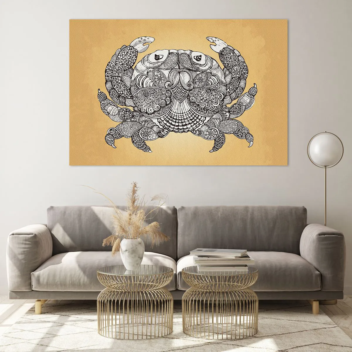 Cuadro sobre vidrio - Impresiones sobre Vidrio - Dibujo estilizado de un cangrejo con adornos sobre un fondo amarillo. - 120x80cm - Cuentos del Sr. Cangrejo - Decoración de pared moderna para salón y dormitorio ARTTOR