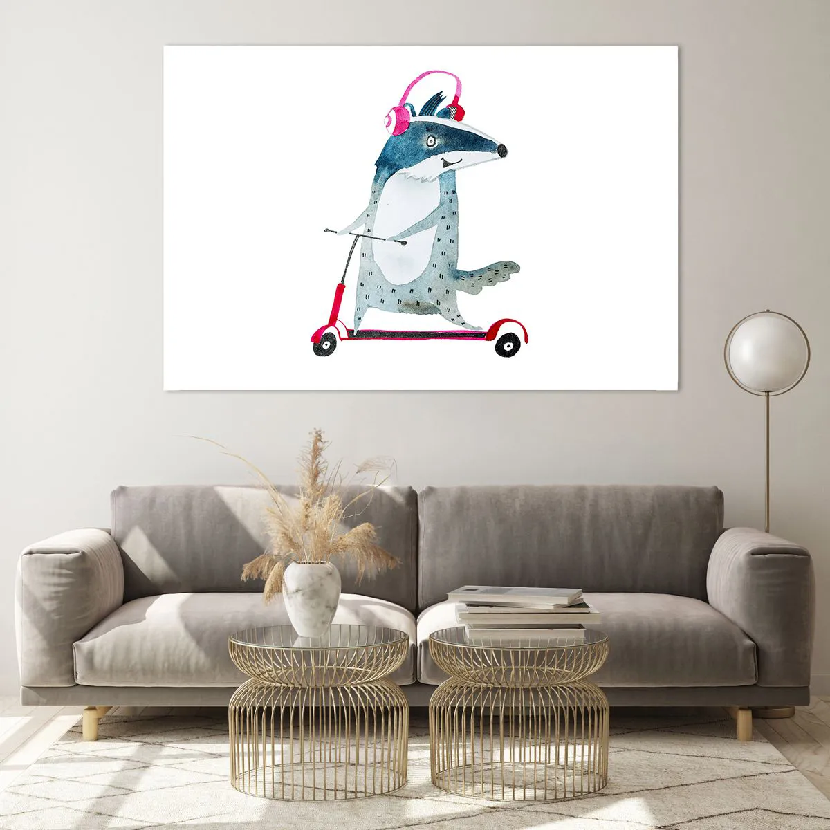 Glasbild - Bild auf glas - Dachs mit Kopfhörern auf einem Aquarell-Roller - 120x80cm - Dachsfreude - Moderne Wanddekoration für Wohnzimmer und Schlafzimmer ARTTOR