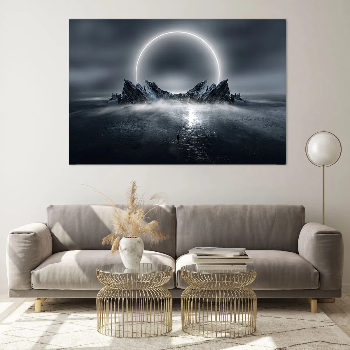 Cuadro sobre vidrio - Impresiones sobre Vidrio - Escena oscura con eclipse e isla rocosa. - 120x80cm - El final del cuento - Decoración de pared moderna para salón y dormitorio ARTTOR