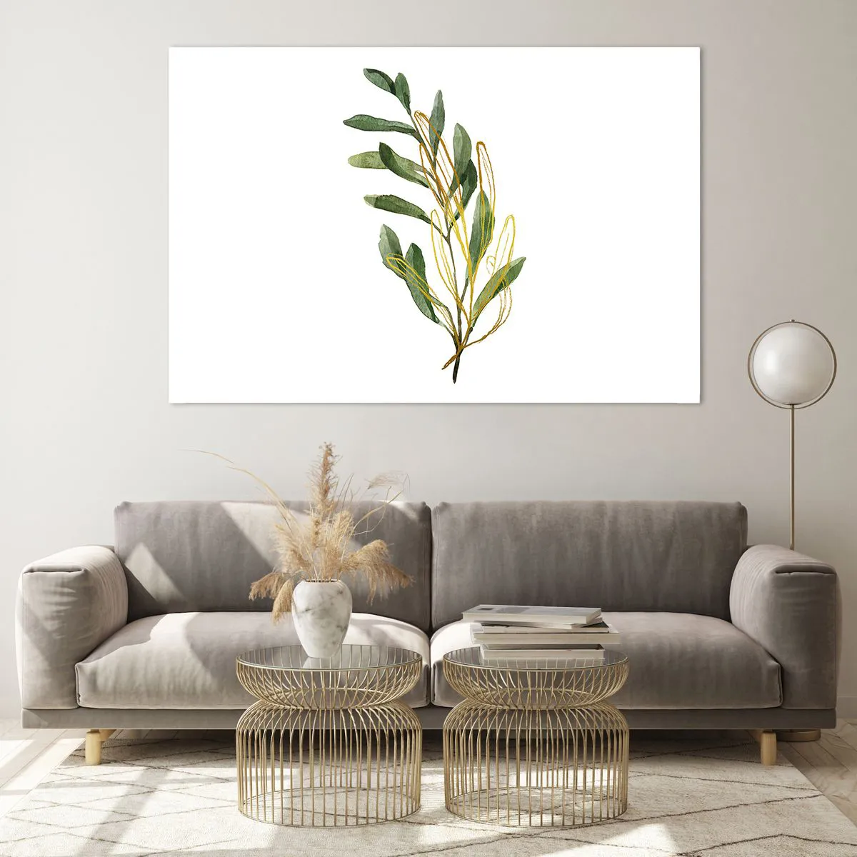 Glasbild - Bild auf glas - Ein grüner Zweig mit einem zarten goldenen Akzent - 120x80cm - Alles was gut ist - Moderne Wanddekoration für Wohnzimmer und Schlafzimmer ARTTOR