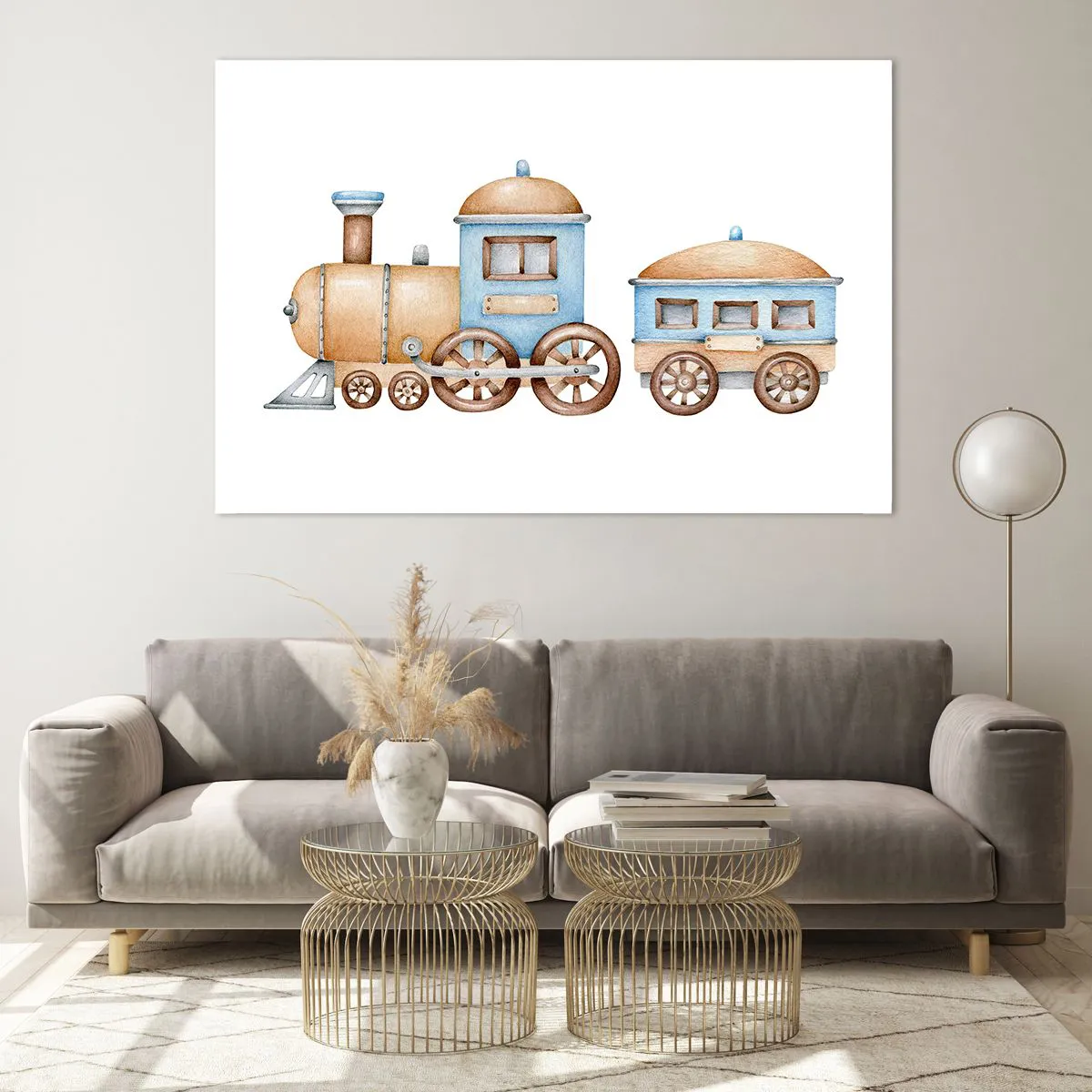 Obraz na szkle - Ilustracja pociągu parowego w odcieniach błękitu i beżu na białym tle - 120x80cm - Stoi na stacji... - Nowoczesna dekoracja ścienna do salonu, kuchni i sypialni ARTTOR