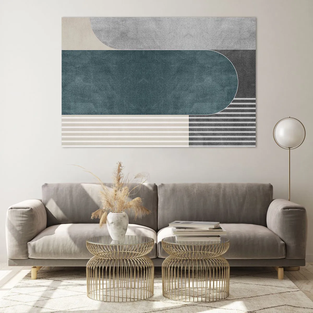 Obraz na szkle - Geometryczna forma w szarościach, beżu i zieleni - 120x80cm - Kompozycja na poziomie - Nowoczesna dekoracja ścienna do salonu, kuchni i sypialni ARTTOR