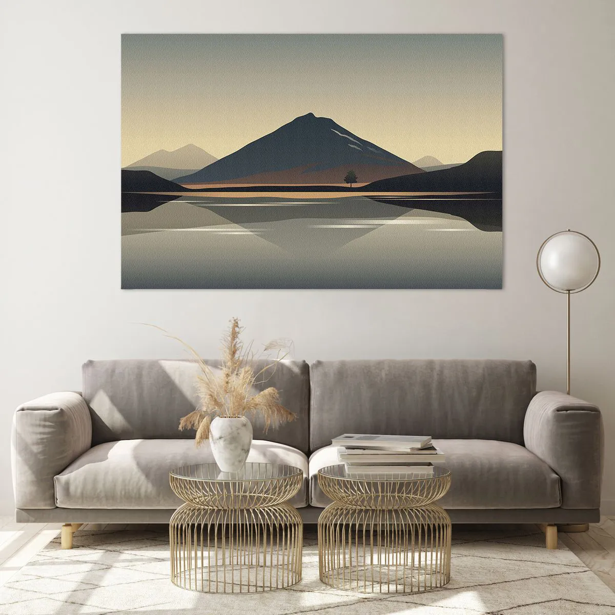 Glasbild - Bild auf glas - Berge und See in warmen Tönen mit reflektierendem Effekt - 120x80cm - Spiegelreflexion - Moderne Wanddekoration für Wohnzimmer und Schlafzimmer ARTTOR