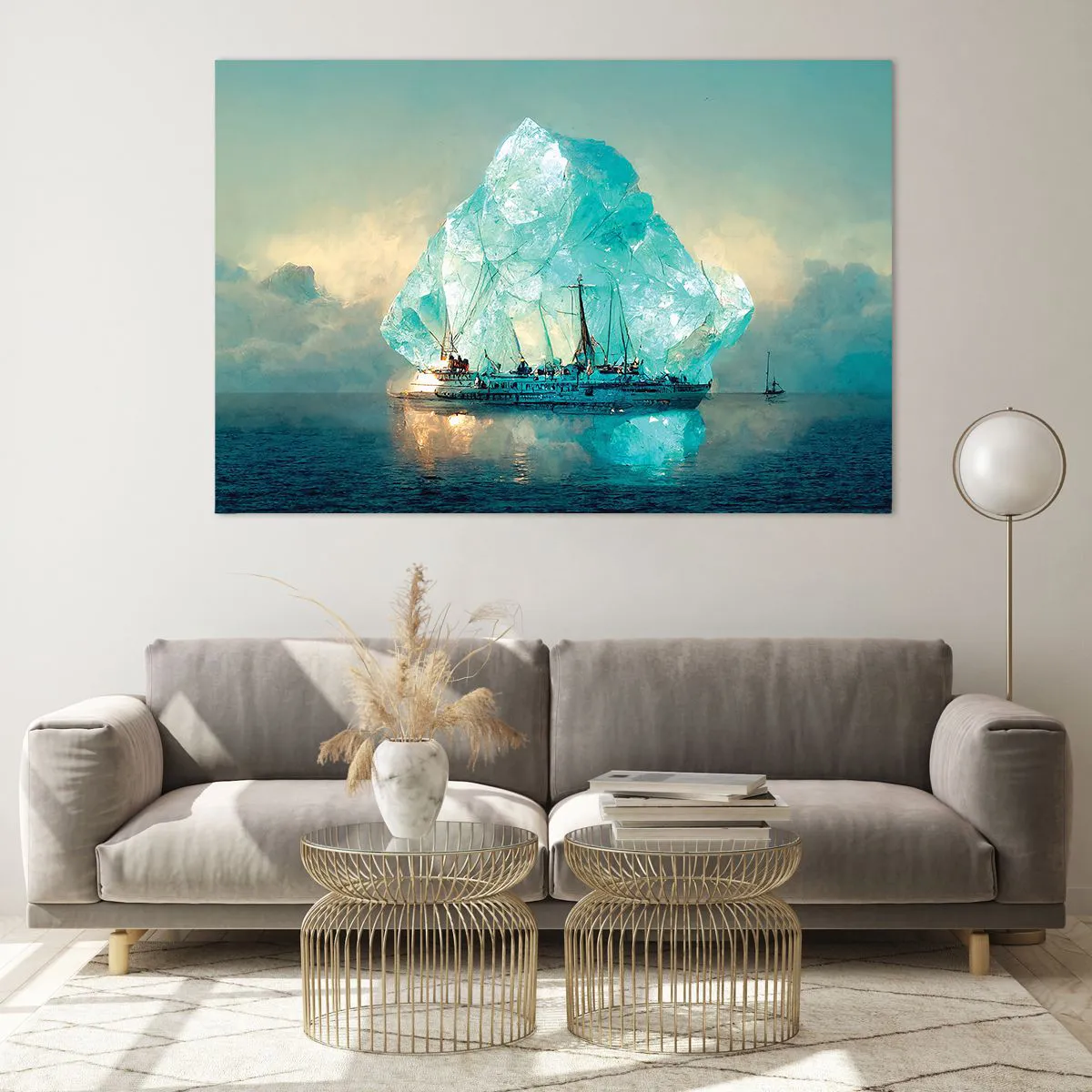 Cuadro sobre vidrio - Impresiones sobre Vidrio - Un velero frente a un enorme glaciar en la luz del Ártico. - 120x80cm - Diamante ártico - Decoración de pared moderna para salón y dormitorio ARTTOR