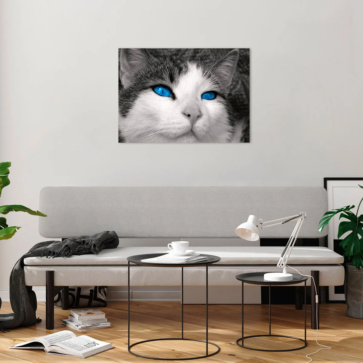 Quadro em vidro - Uma foto em preto e branco de um gato com olhos azuis intensos. - 70x50cm - Raridade de olhos azuis - Decoração de parede moderna para a sala de estar e quarto ARTTOR