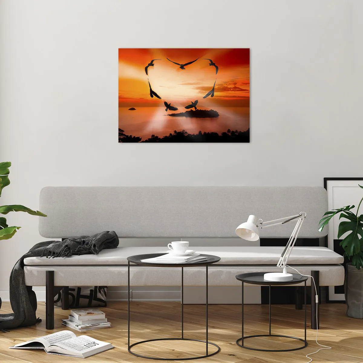 Glass picture - Birds forming a heart against the backdrop of a sunset - 70x50cm - Love the World Like Birds - Modern wall decoration for the living room and bedroom ARTTOR