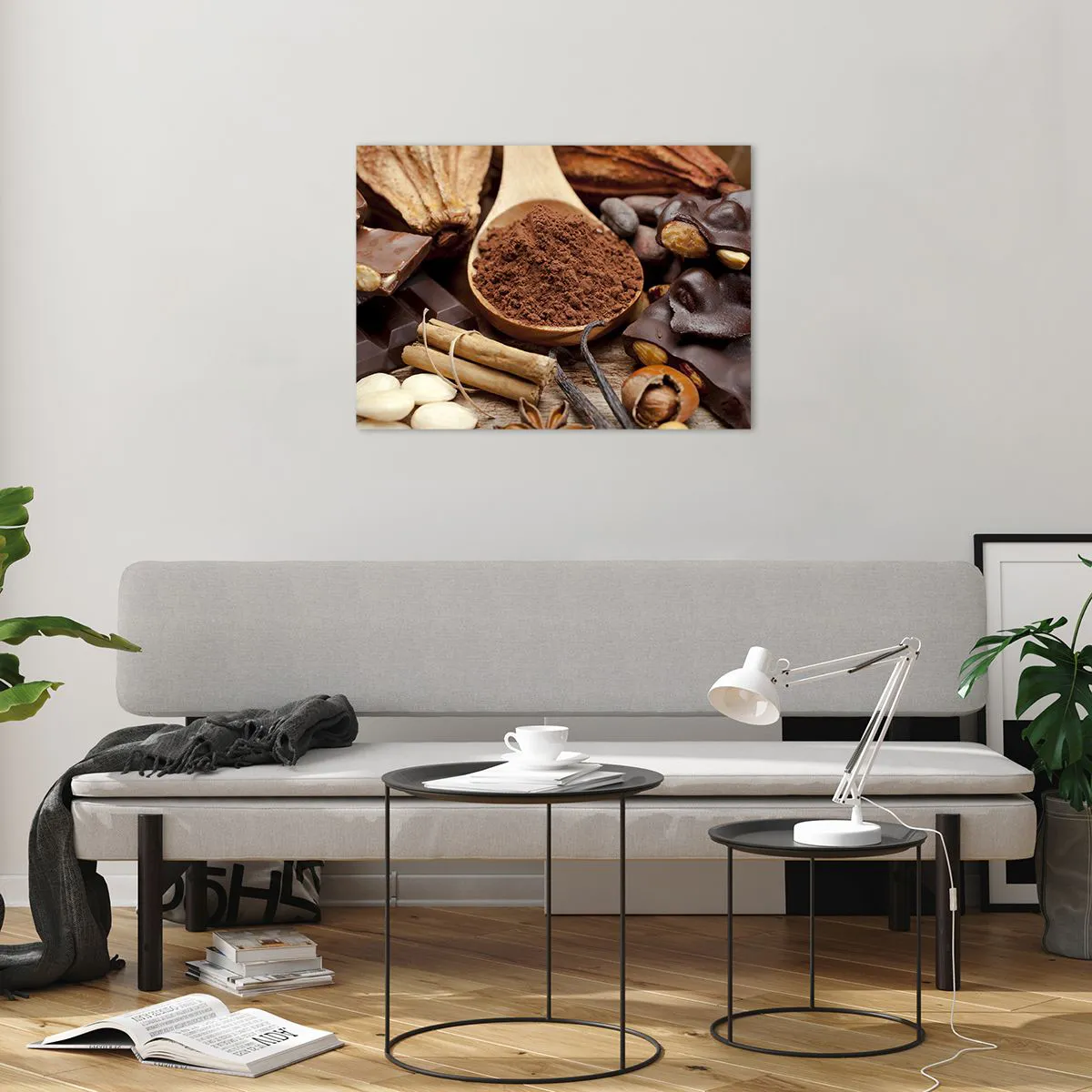 Glass picture - A spoonful of cocoa surrounded by chocolate, spices and nuts - 70x50cm - Best for Stress - Modern wall decoration for the living room and bedroom ARTTOR