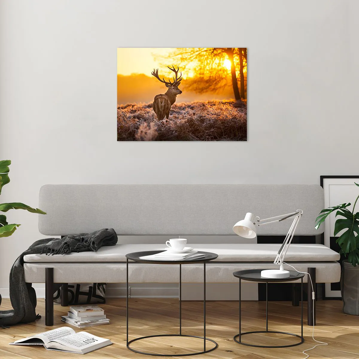 Cuadro sobre vidrio - Impresiones sobre Vidrio - Ciervos bajo los rayos del sol naciente - 70x50cm - Rey del bosque de otoño - Decoración de pared moderna para salón y dormitorio ARTTOR