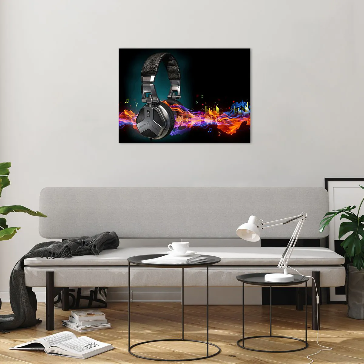 Obraz na skle - DJ sluchátka s barevnými zvukovými vlnami a hudebními notami - 70x50cm - V ohni hudby - Moderní nástěnná dekorace do obývacího pokoje a ložnice ARTTOR
