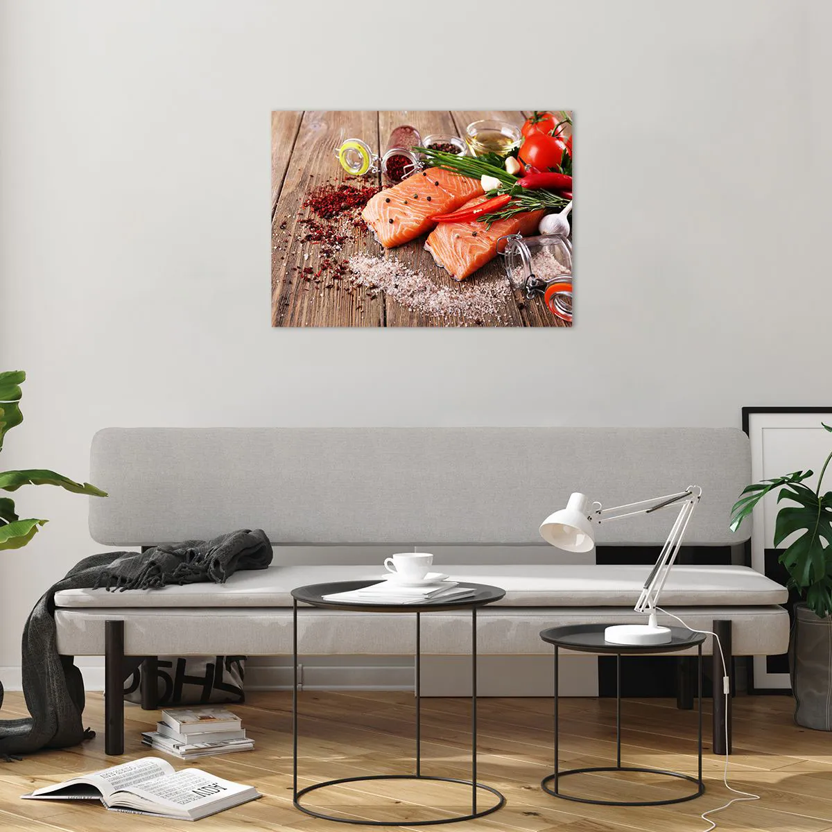 Glasbild - Bild auf glas - Lachsfilets mit Gewürzen auf einer Holzarbeitsplatte - 70x50cm - Norwegisches Abenteuer in der Küche - Moderne Wanddekoration für Wohnzimmer und Schlafzimmer ARTTOR