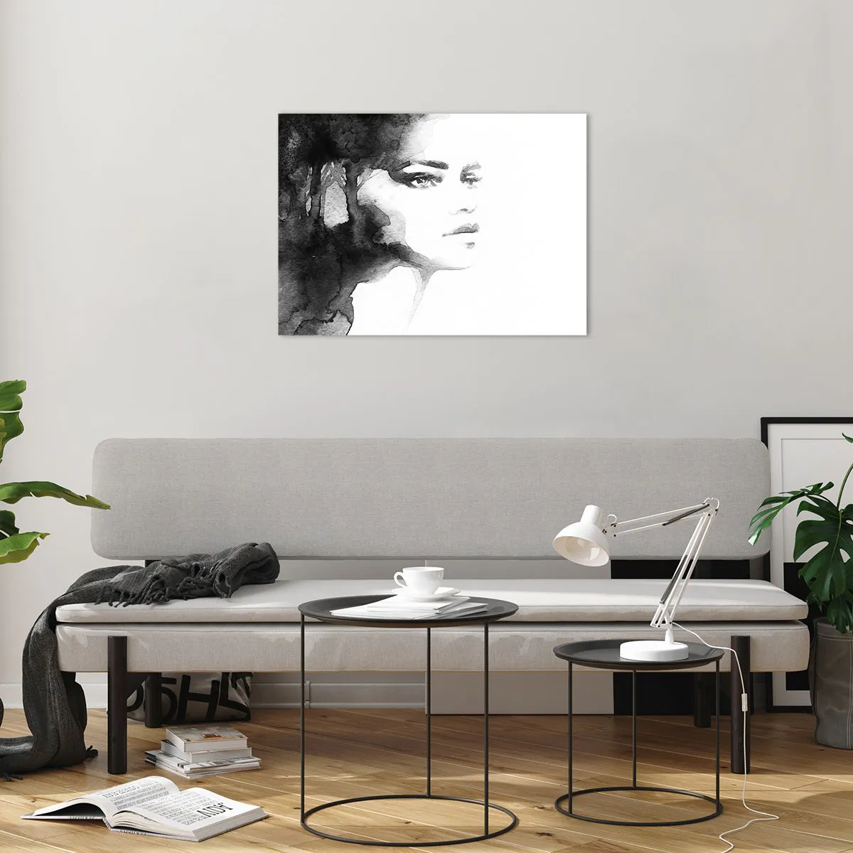 Glass picture - Black and white watercolor portrait of a woman - 70x50cm - Created from Mystery and Mist - Modern wall decoration for the living room and bedroom ARTTOR