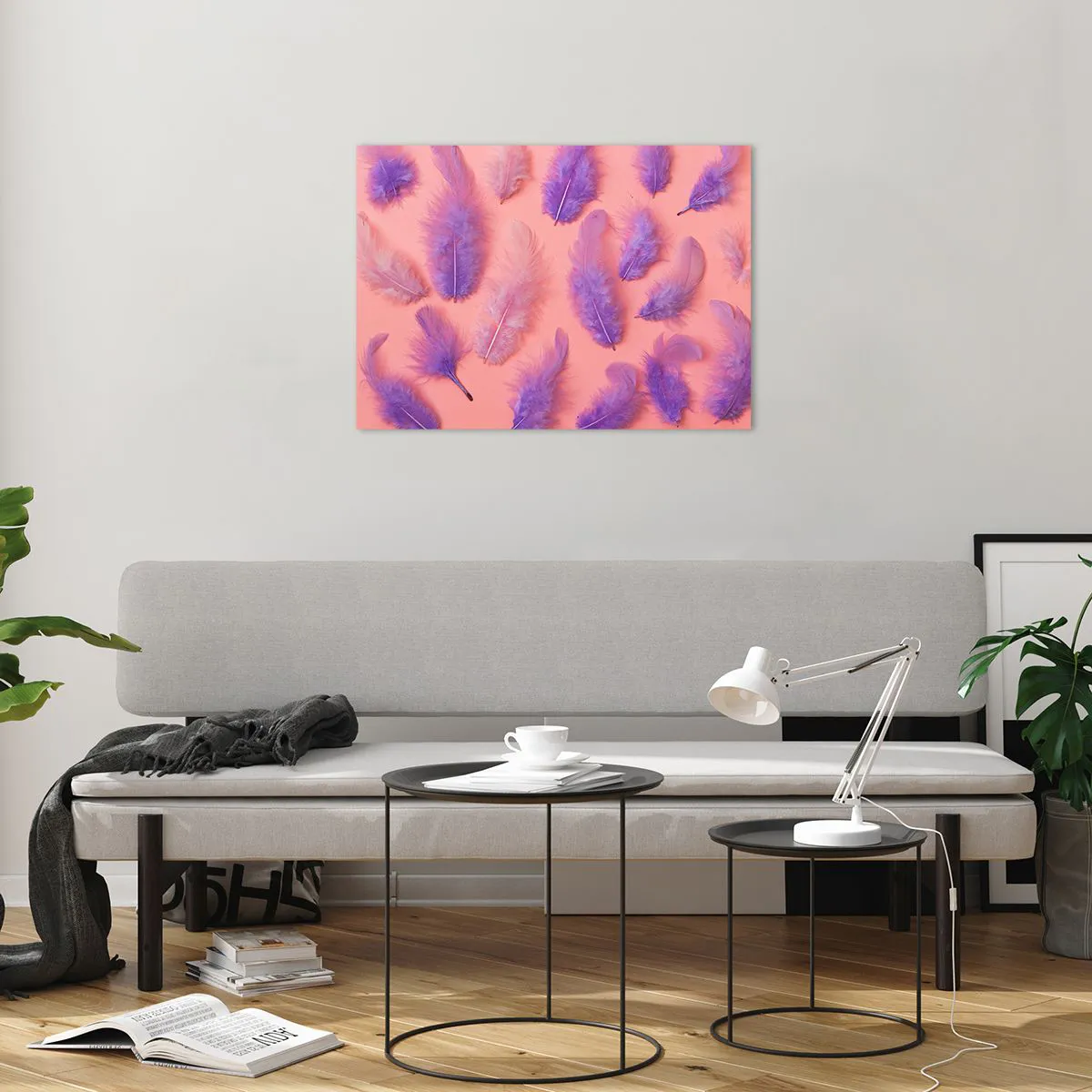 Glasbild - Bild auf glas - Lila Federn auf rosa Hintergrund in einer zarten Komposition - 70x50cm - Lila Vogel der Begierde - Moderne Wanddekoration für Wohnzimmer und Schlafzimmer ARTTOR
