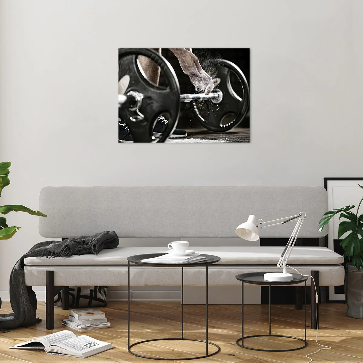 Impression sur verre - Image sur verre - Haltérophilie avec de la craie sur les mains et une barre - 70x50cm - Défi accepté! - Décoration murale moderne pour le salon et la chambre ARTTOR