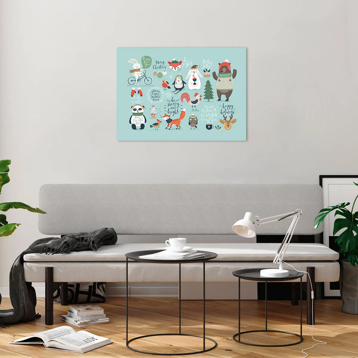 Glass picture - Christmas animal illustrations on a pastel background - 70x50cm - Let Christmas Last Forever! - Modern wall decoration for the living room and bedroom ARTTOR