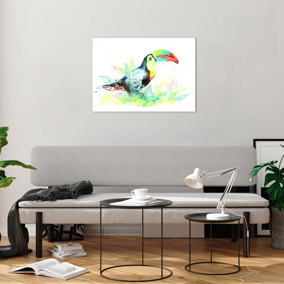 Impression sur verre - Image sur verre - Un toucan coloré dans un paysage aquarelle avec des feuilles - 70x50cm - Aussi coloré que l'Amérique du Sud - Décoration murale moderne pour le salon et la chambre ARTTOR