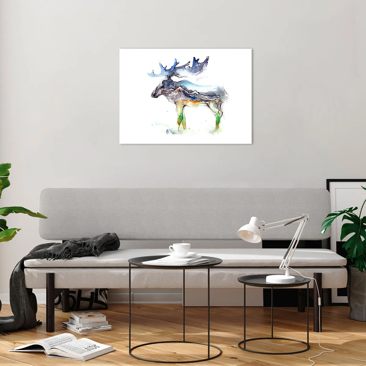 Glasbild - Bild auf glas - Aquarellmalerei eines Elches mit Bergsilhouette-Motiv - 70x50cm - Der Held eines Wintermärchens - Moderne Wanddekoration für Wohnzimmer und Schlafzimmer ARTTOR