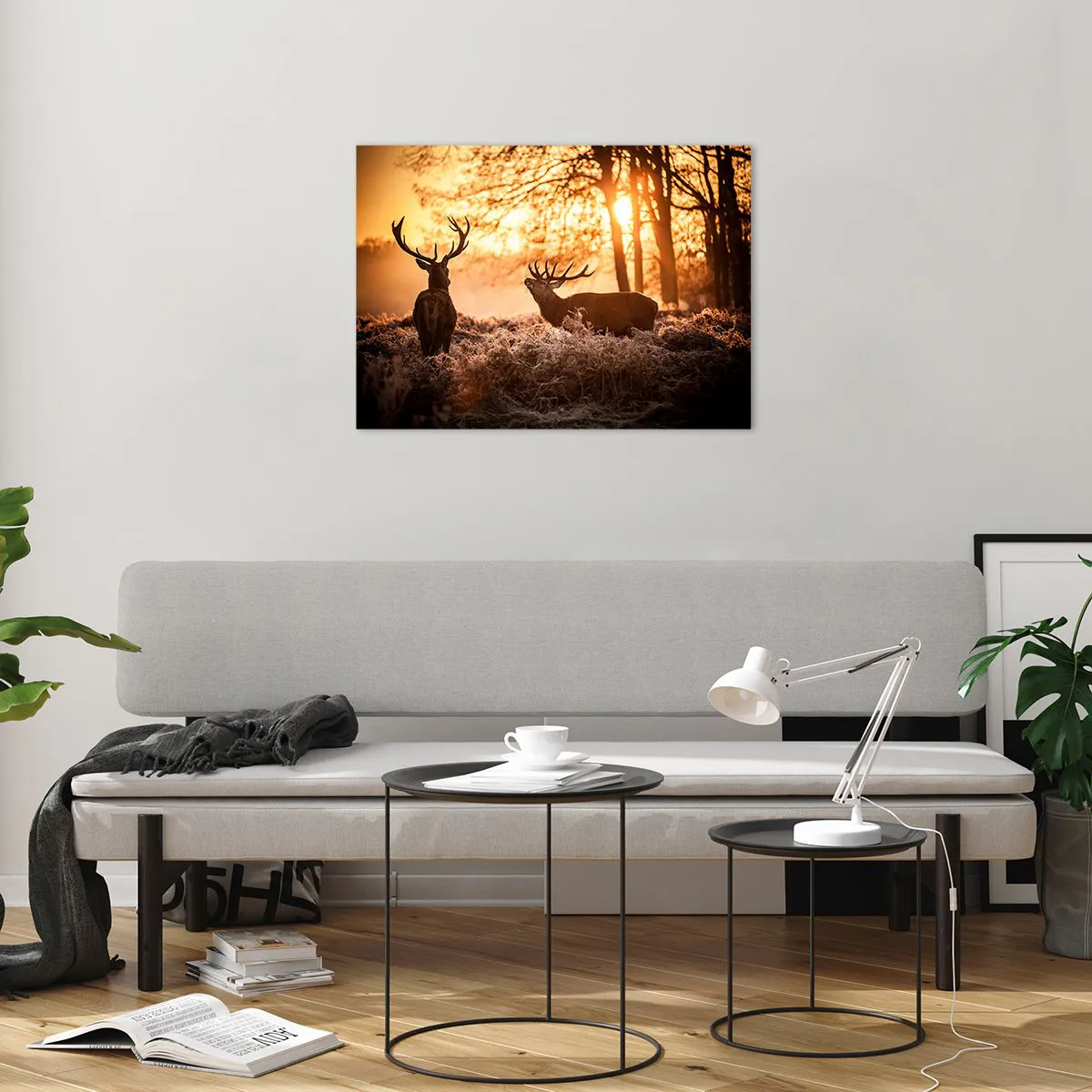 Tablou pe sticlă - Două căprioare într-o scenă de pădure la răsărit - 70x50cm - Visul unui vânător - Decorațiune modernă pentru perete pentru living și dormitor ARTTOR