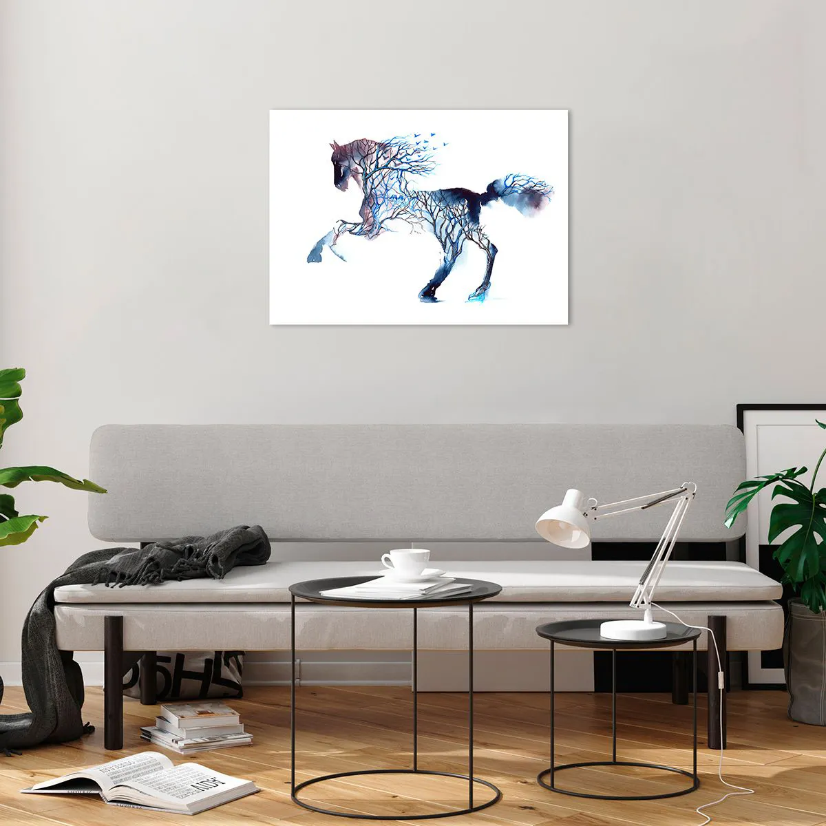 Glastavla - Bild på glas - Illustration av en häst med grenar istället för en kropp - 70x50cm - Som om skogen rört sig - Modern väggdekoration för vardagsrum och sovrum ARTTOR