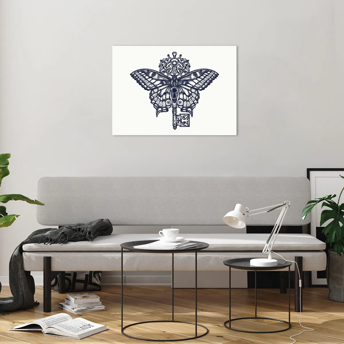 Obraz na skle - Ilustrace motýla s klíčem uprostřed - 70x50cm - Všechna tajemství srdce - Moderní nástěnná dekorace do obývacího pokoje a ložnice ARTTOR