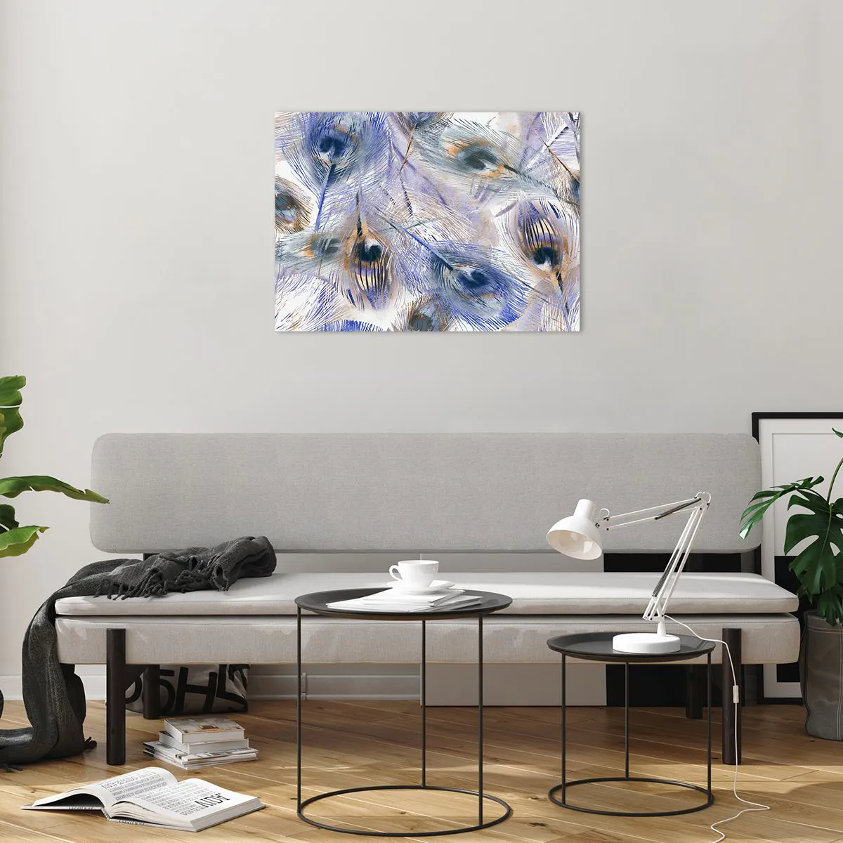 Impression sur verre - Image sur verre - Plumes de paon délicates dans des tons de bleu et de marron - 70x50cm - Composition de paon - Décoration murale moderne pour le salon et la chambre ARTTOR