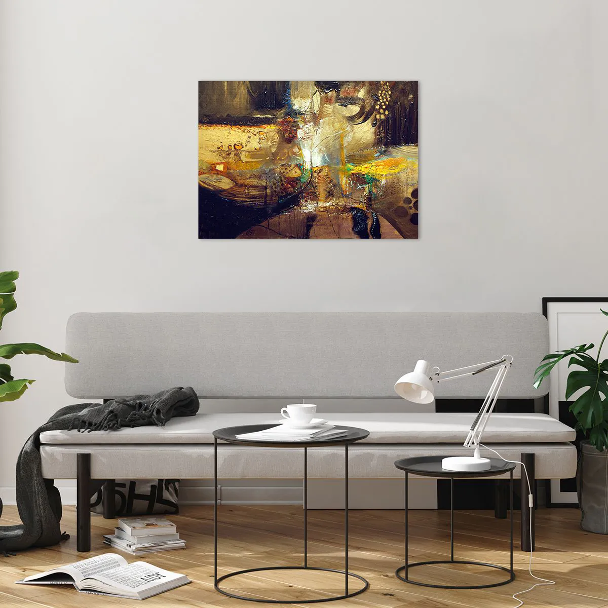 Tablou pe sticlă - Compoziție abstractă în nuanțe de auriu și maro - 70x50cm - Rece, călduț, fierbinte - Decorațiune modernă pentru perete pentru living și dormitor ARTTOR