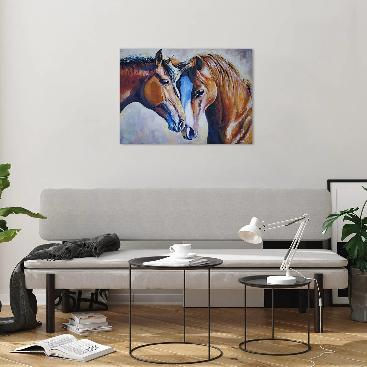 Obraz na szkle - Dwa konie w czułym geście bliskości - 70x50cm - Czy to jest przyjaźń? czy to jest kochanie? - Nowoczesna dekoracja ścienna do salonu i sypialni ARTTOR