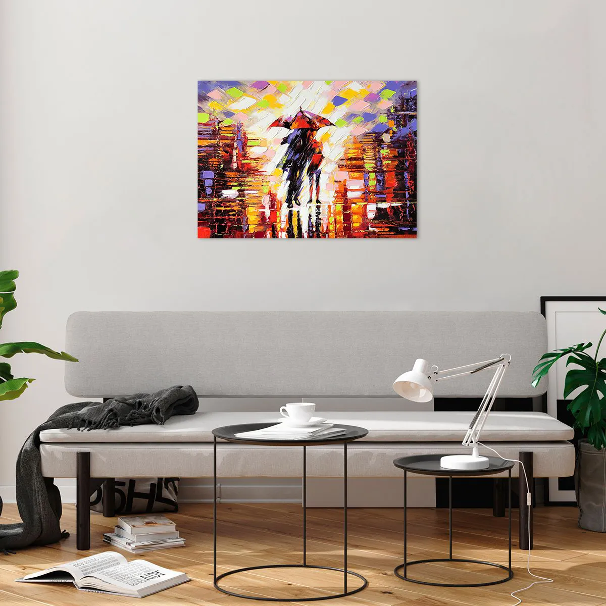 Glastavla - Bild på glas - Ett par under ett rött paraply i en färgglad stad - 70x50cm - Tillsammans genom natten och regnet - Modern väggdekoration för vardagsrum och sovrum ARTTOR