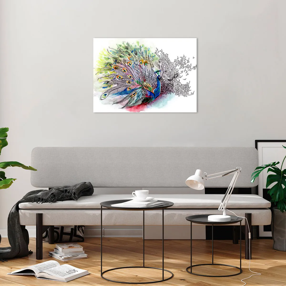 Cuadro sobre vidrio - Impresiones sobre Vidrio - Pavo real colorido en un estilo artístico de acuarela. - 70x50cm - Con orgullo contra el gris - Decoración de pared moderna para salón y dormitorio ARTTOR