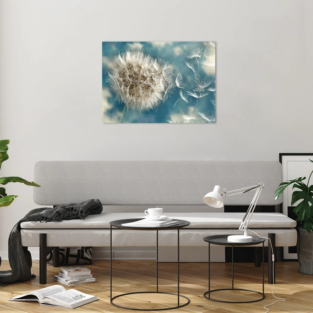 Billede på glas - En sart mælkebøtte mod himlen med flydende frø - 70x50cm - En engels åndedræt - Moderne vægdekoration til stue og soveværelse ARTTOR