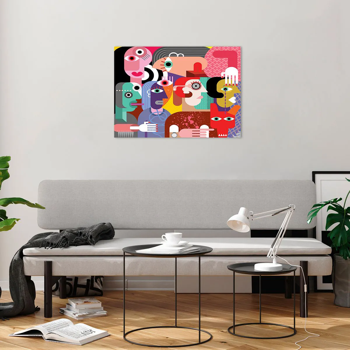 Tablou pe sticlă - Compoziție abstractă de fețe în culori vii - 70x50cm - Am venit de la domnul Picasso - Decorațiune modernă pentru perete pentru living și dormitor ARTTOR