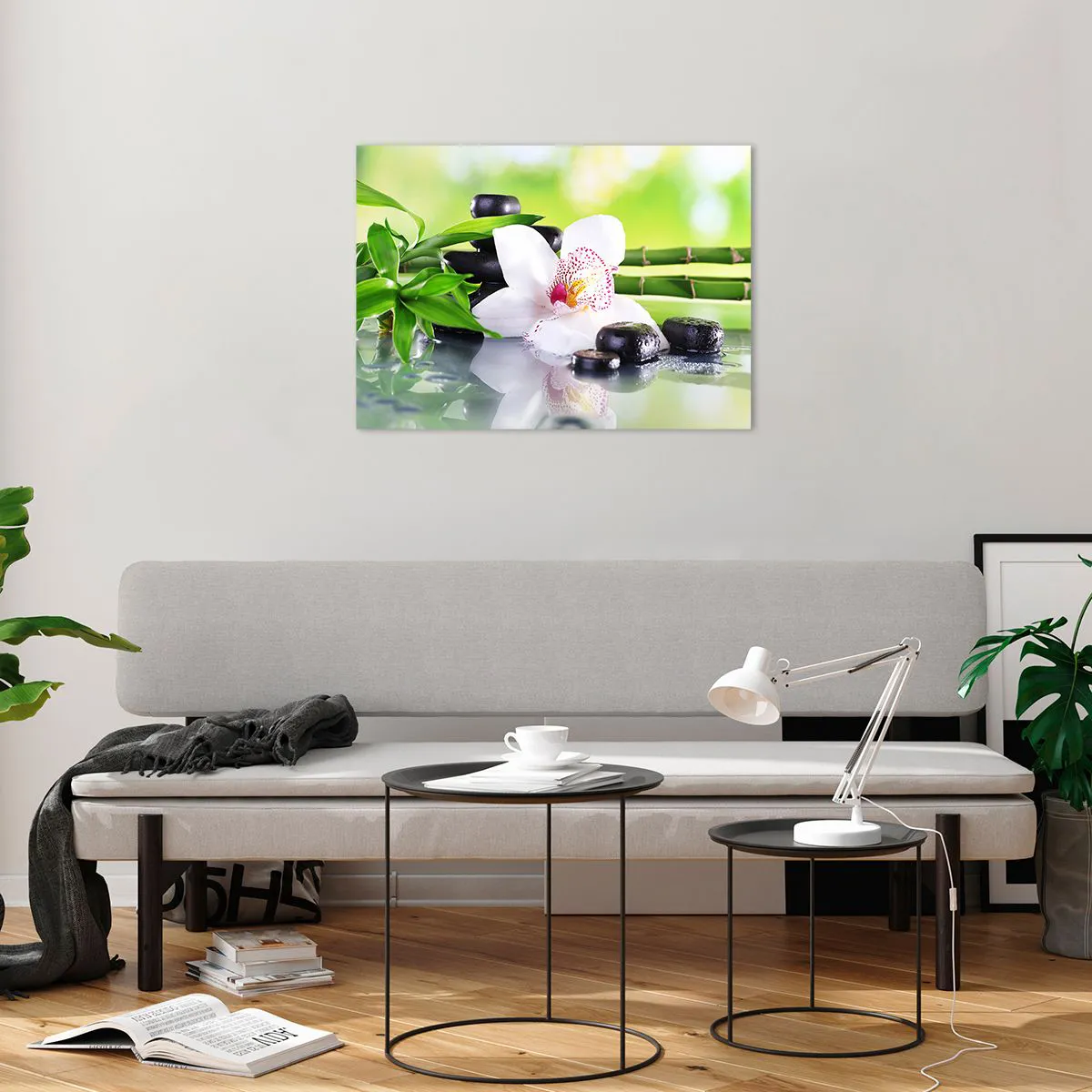 Glass picture - Orchid, bamboo and black stones against a green background - 70x50cm - Cool Freshness - Modern wall decoration for the living room and bedroom ARTTOR