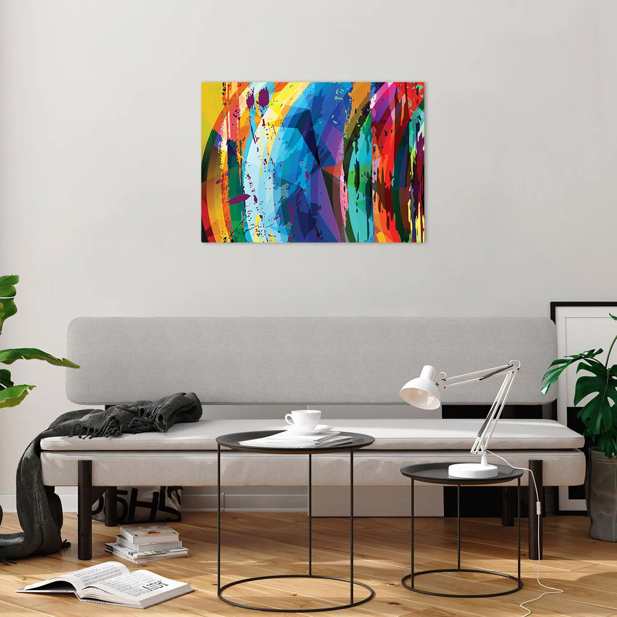 Glastavla - Bild på glas - Färgglad abstraktion med dynamiska former - 70x50cm - Färgglad yrsel - Modern väggdekoration för vardagsrum och sovrum ARTTOR