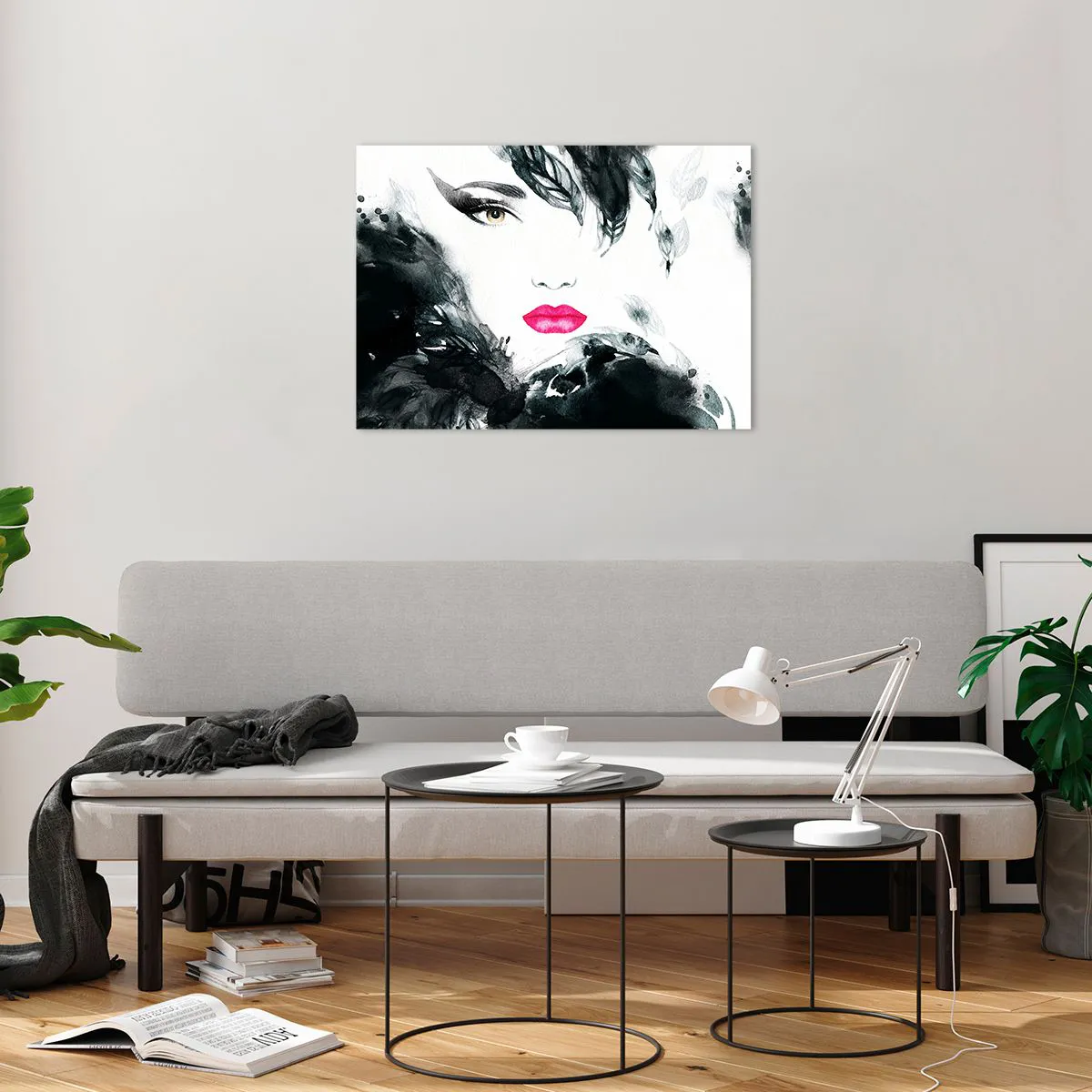 Glastavla - Bild på glas - Porträtt av en kvinna med rosa läppar och svarta accenter - 70x50cm - Observera! Femme fatale - Modern väggdekoration för vardagsrum och sovrum ARTTOR