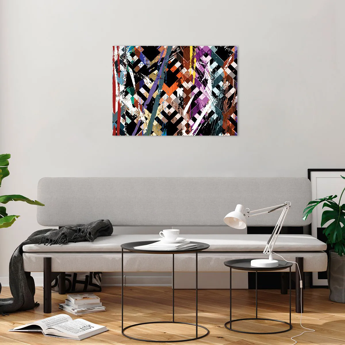 Quadro em vidro - Uma composição abstrata com padrões geométricos e cores intensas. - 70x50cm - Ao quadrado - Decoração de parede moderna para a sala de estar e quarto ARTTOR