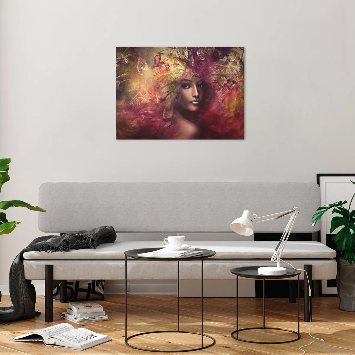 Tablou pe sticlă - Portretul unei femei înconjurate de culori luminoase, abstracte - 70x50cm - Iată-mă! - Decorațiune modernă pentru perete pentru living și dormitor ARTTOR