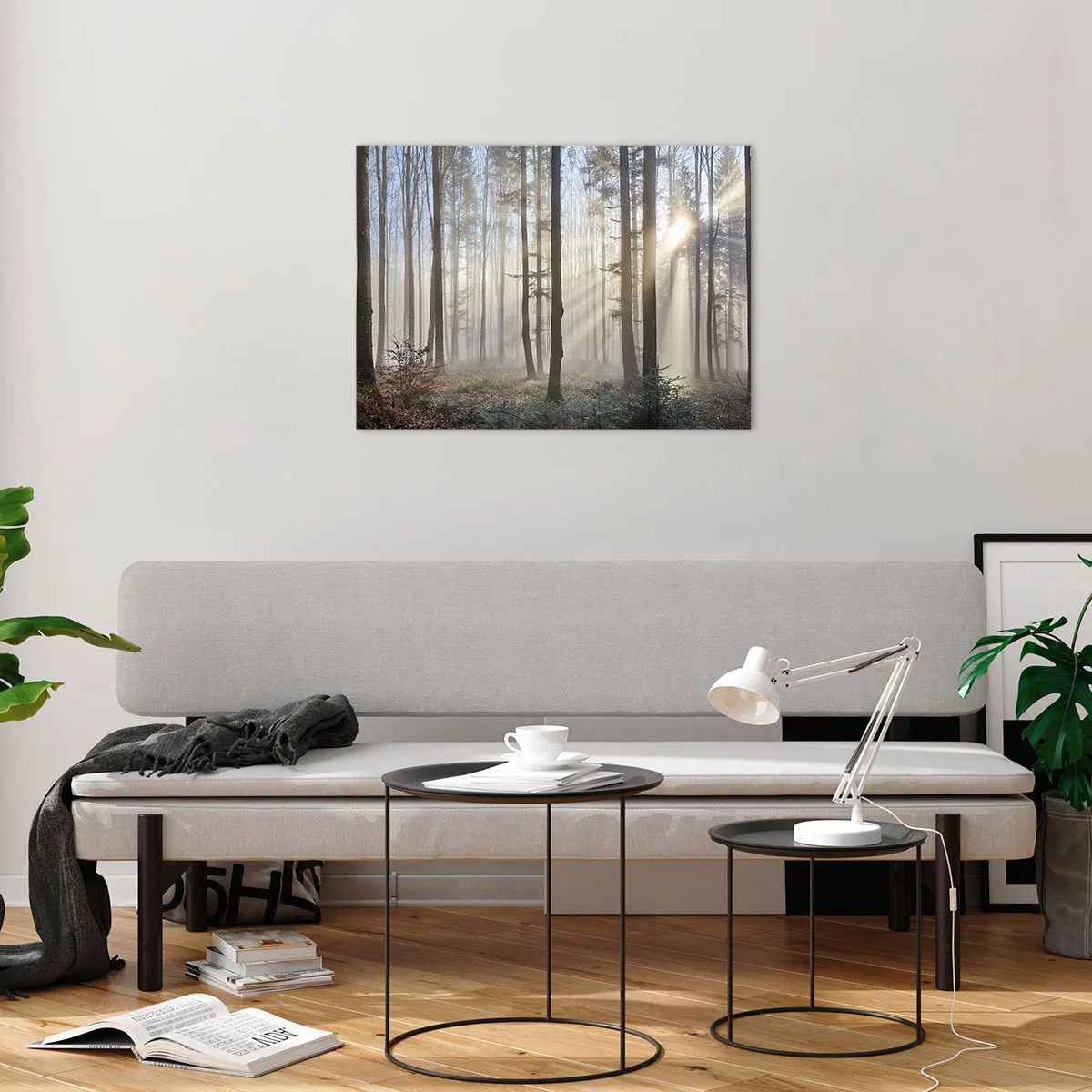 Quadro su vetro - I raggi del sole mattutino penetrano nella foresta nebbiosa - 70x50cm - Anche la nebbia si è svegliata - Decorazione murale moderna per soggiorno e camera da letto ARTTOR