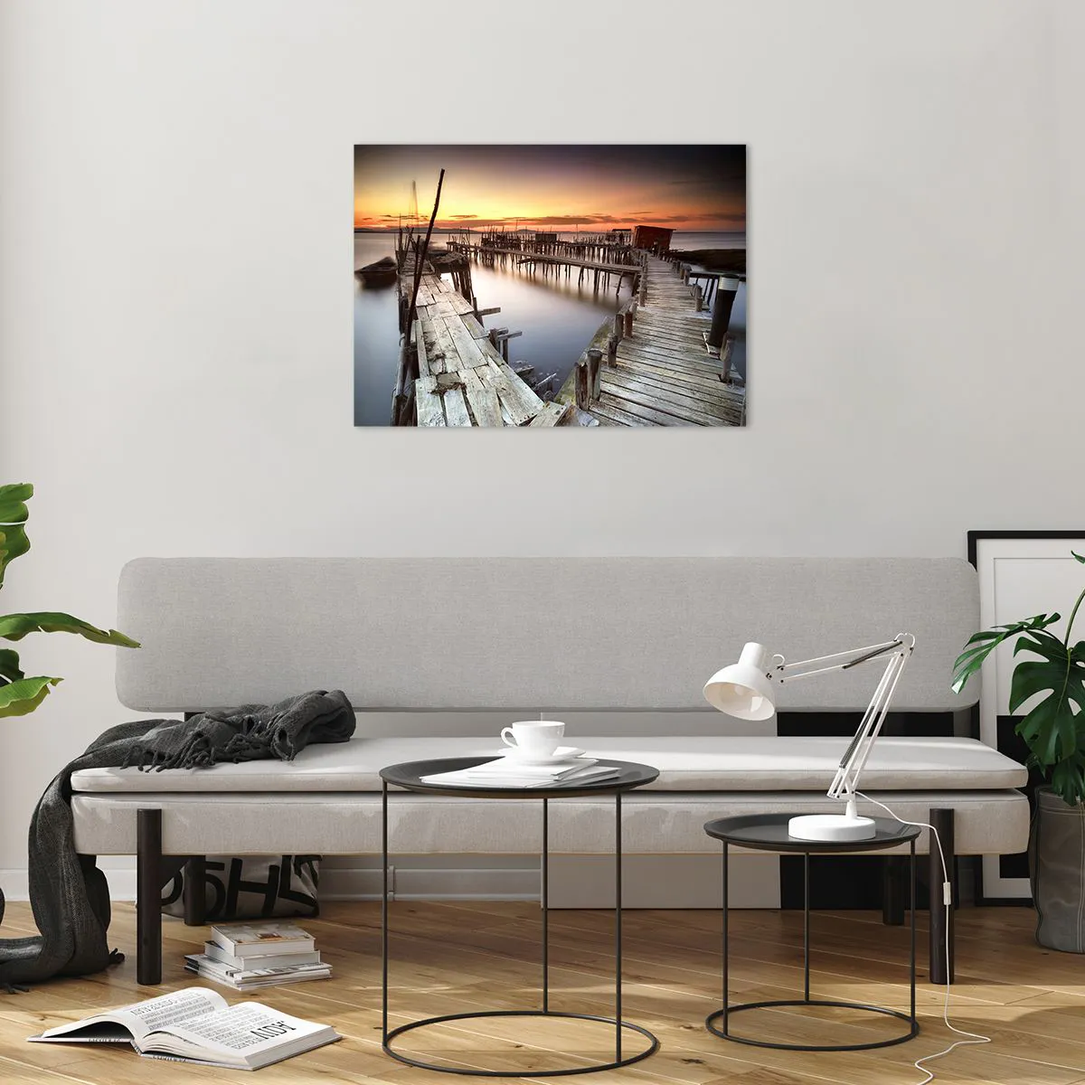 Tablou pe sticlă - Debarcader din lemn la apus peste un lac liniștit - 70x50cm - Autentic, nu o atracție turistică - Decorațiune modernă pentru perete pentru living și dormitor ARTTOR