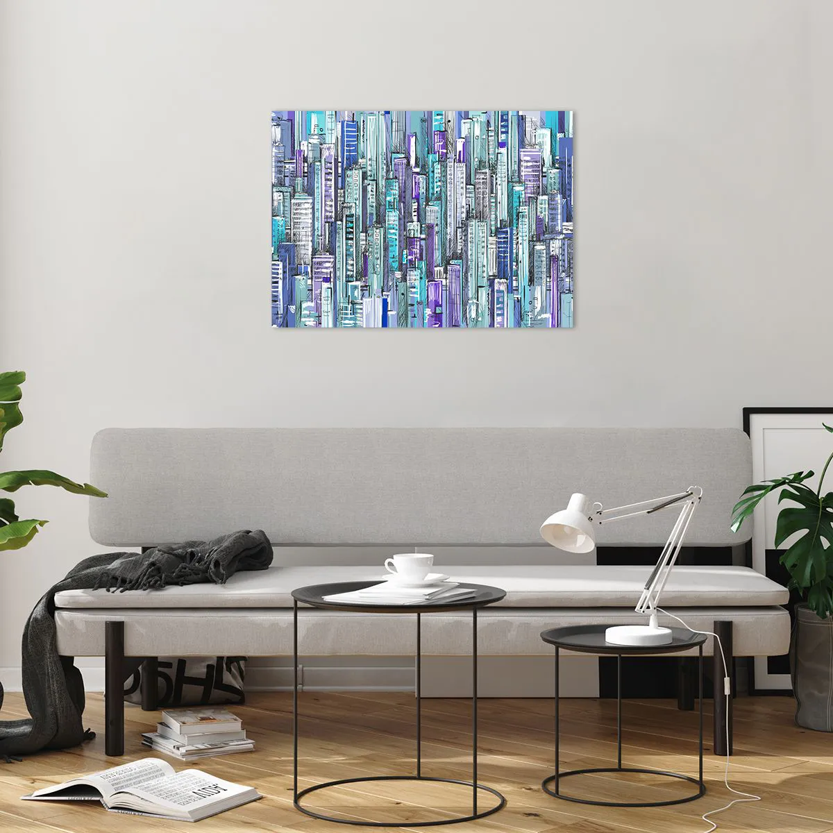 Quadro em vidro - Ilustração de uma cidade cheia de arranha-céus em tons frios - 70x50cm - Azul do céu - Decoração de parede moderna para a sala de estar e quarto ARTTOR
