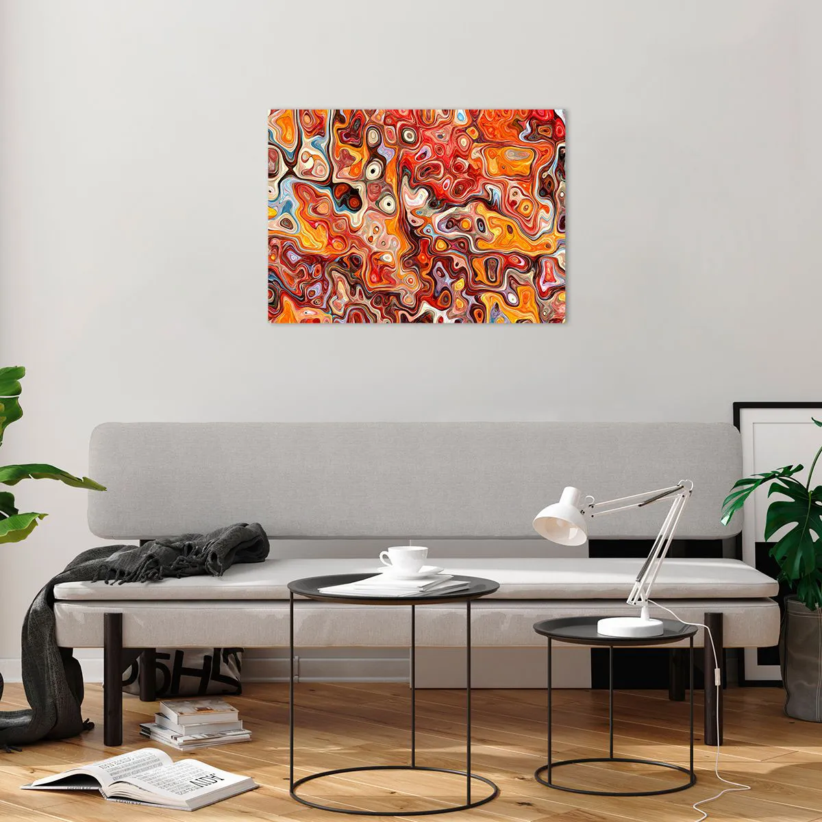 Schilderen op glas - Abstracte compositie in tinten oranje en rood - 70x50cm - Als de noten gesmolten zijn in honing - Moderne wanddecoratie voor woonkamer en slaapkamer ARTTOR