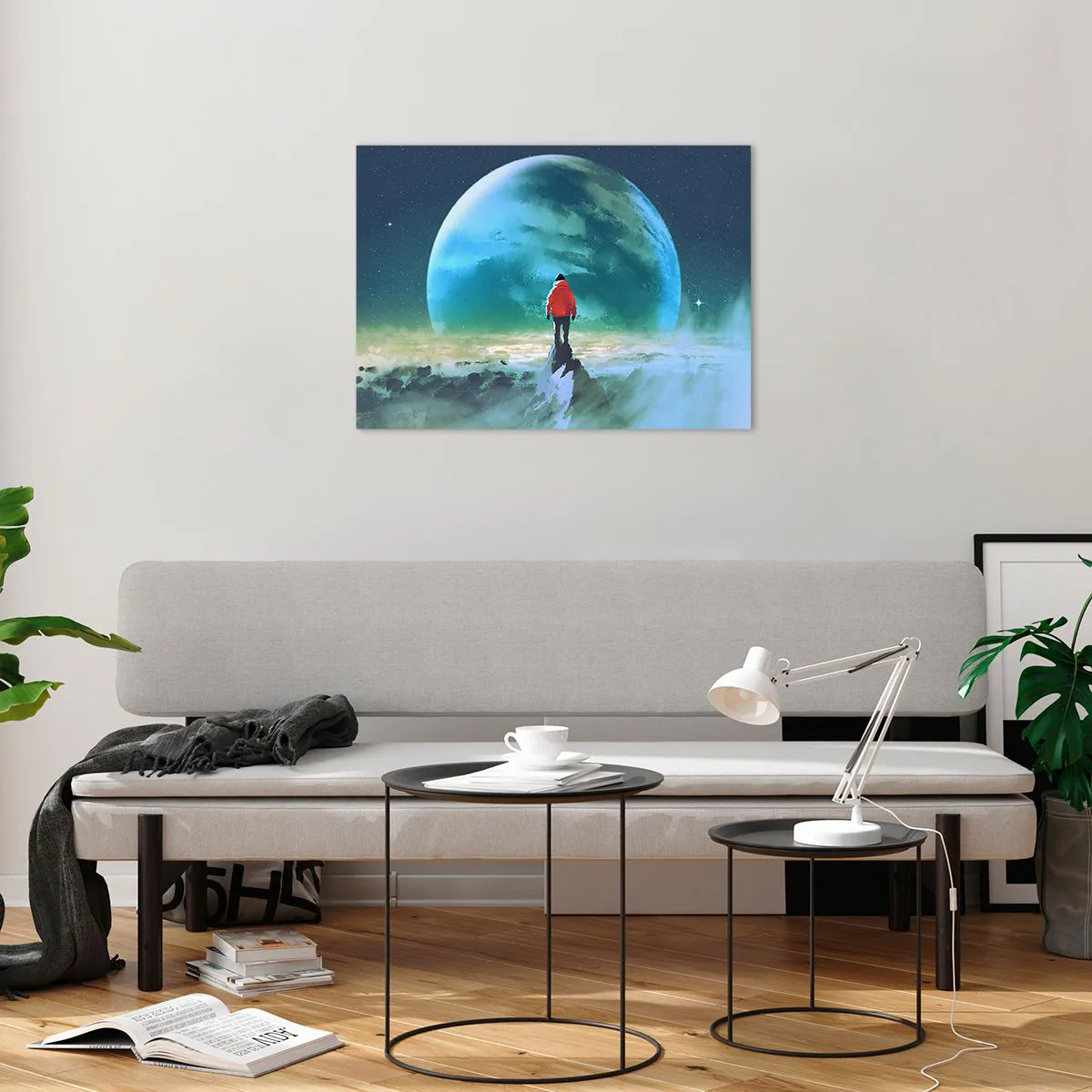 Billede på glas - En figur i en rød jakke på baggrund af en enorm planet og stjerner - 70x50cm - Opdageren af et nyt land - Moderne vægdekoration til stue og soveværelse ARTTOR