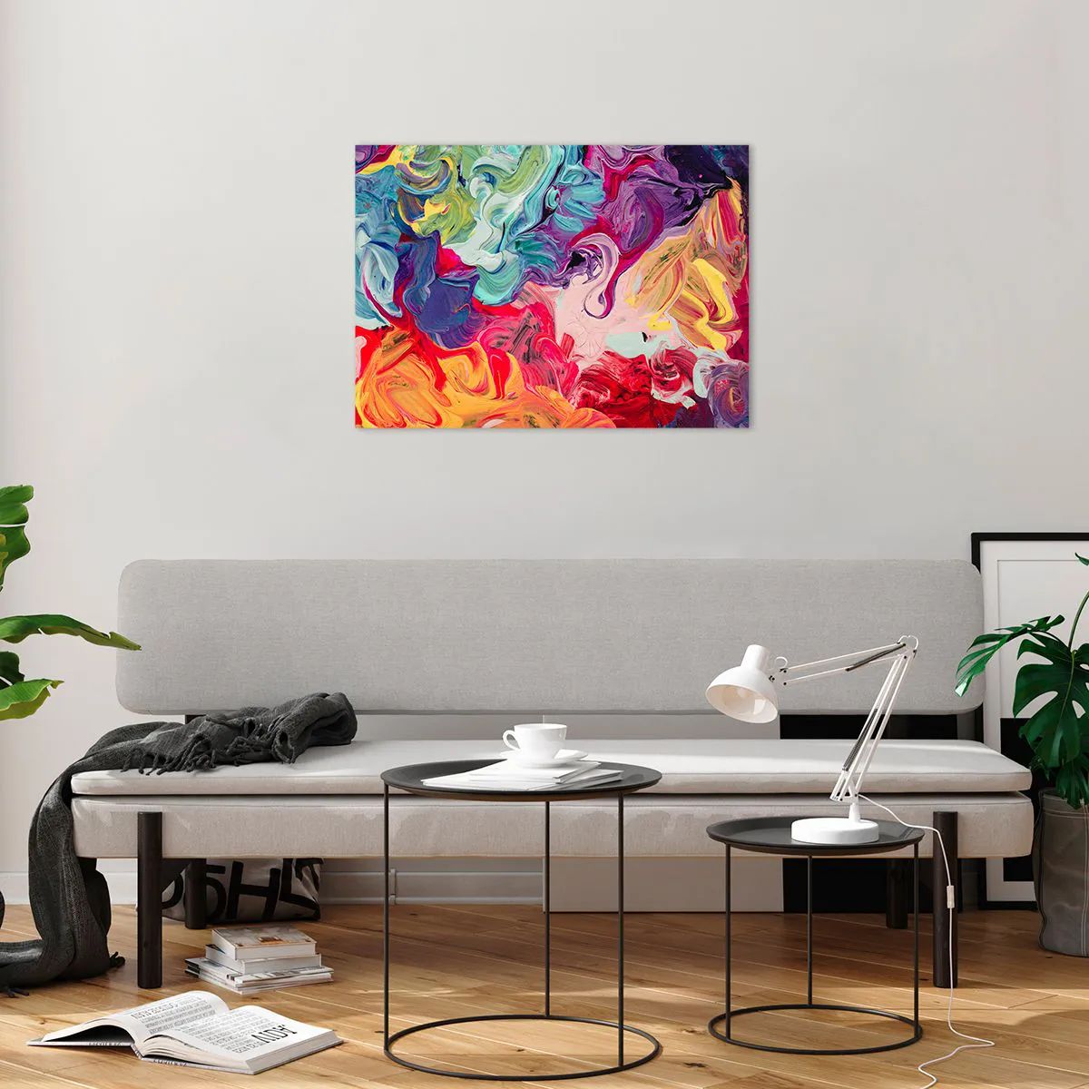 Glastavla - Bild på glas - Abstrakta färgglada strimmor av färg på duk i intensiva färger - 70x50cm - Färgerna föds - Modern väggdekoration för vardagsrum och sovrum ARTTOR