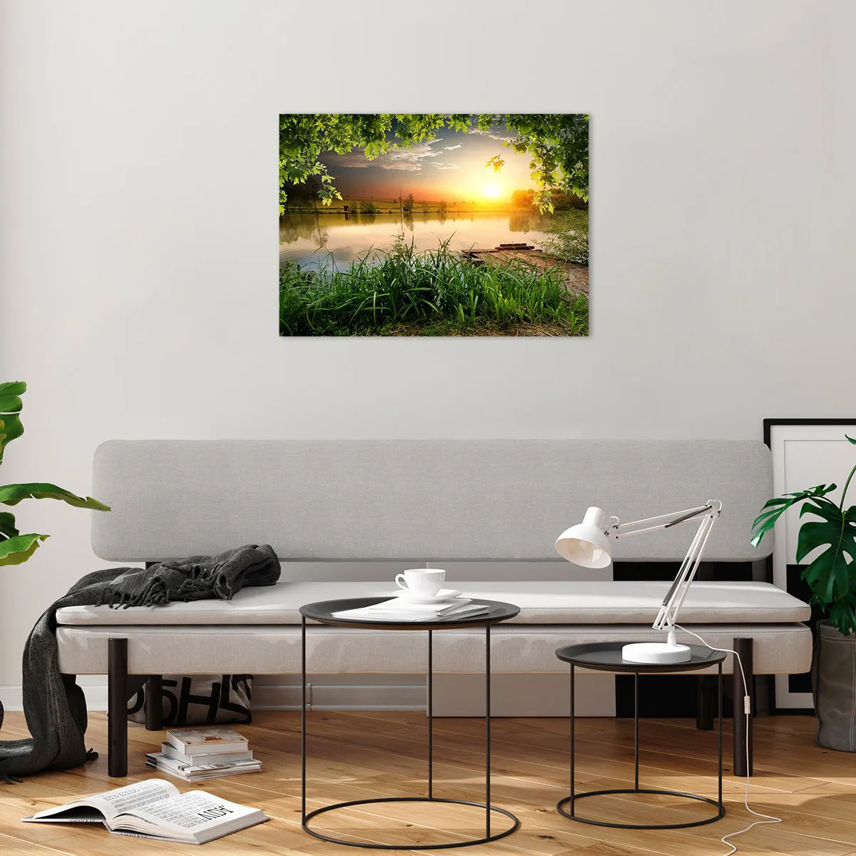 Glass picture - Landscape with a lake surrounded by greenery at sunset - 70x50cm - Landscape in a Green Frame - Modern wall decoration for the living room and bedroom ARTTOR