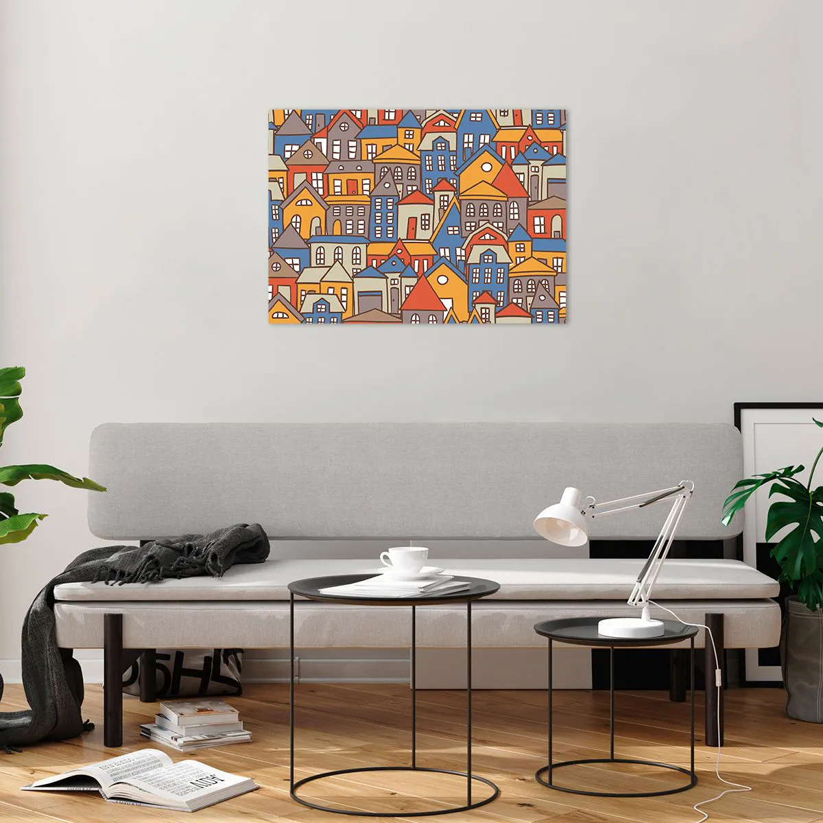 Glass picture - Colorful houses in a graphic style create a cheerful landscape - 70x50cm - House after House - Modern wall decoration for the living room and bedroom ARTTOR