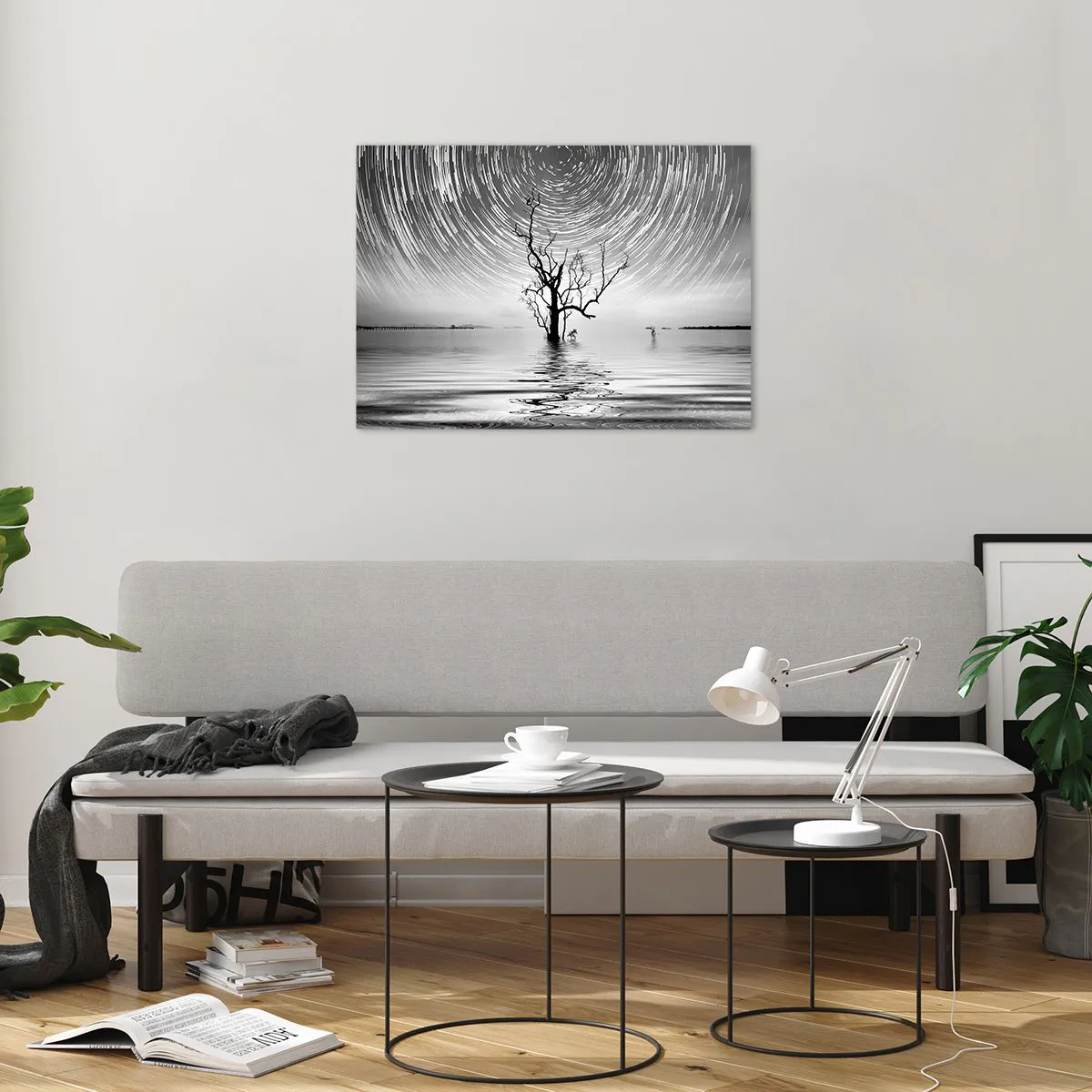 Quadro em vidro - Paisagem em preto e branco com uma árvore e listras de estrelas - 70x50cm - Sinfonia da natureza - Decoração de parede moderna para a sala de estar e quarto ARTTOR